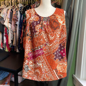 Women's Christopher & Banks Tank Top Size L Orange Brown Patterned